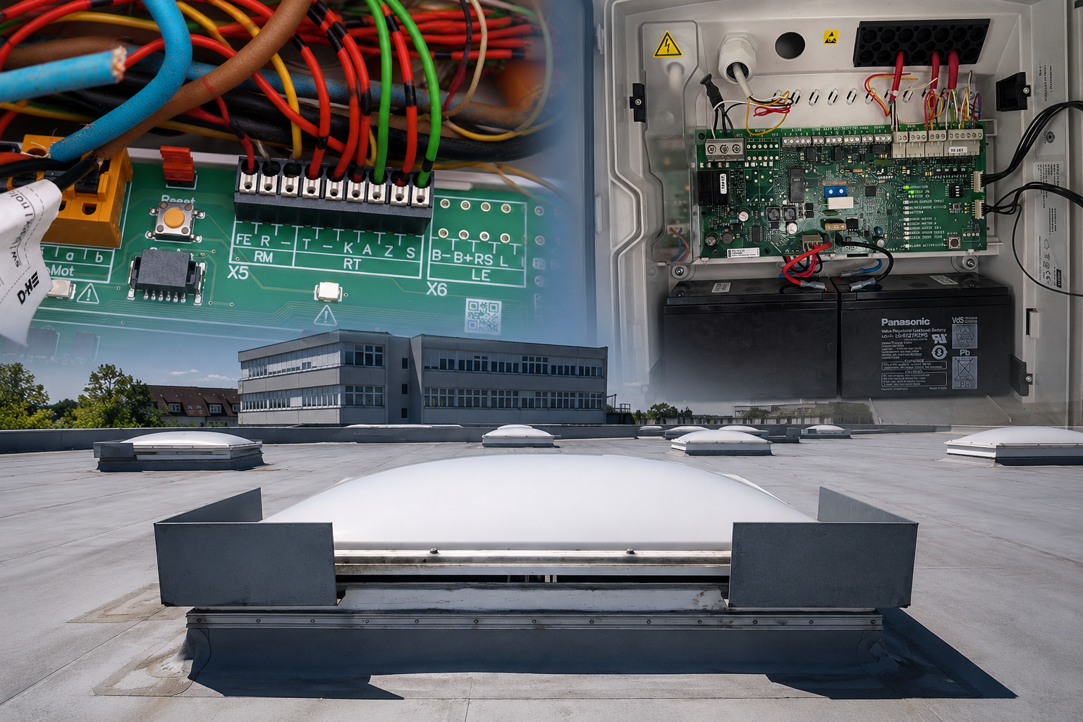 Geöffnete RWA-Zentrale bei der Störungssuche: Steuerungsplatine, Versorgungsbatterien und Verdrahtung im Blick, im Hintergrund ein Industriedach mit Lichtkuppeln