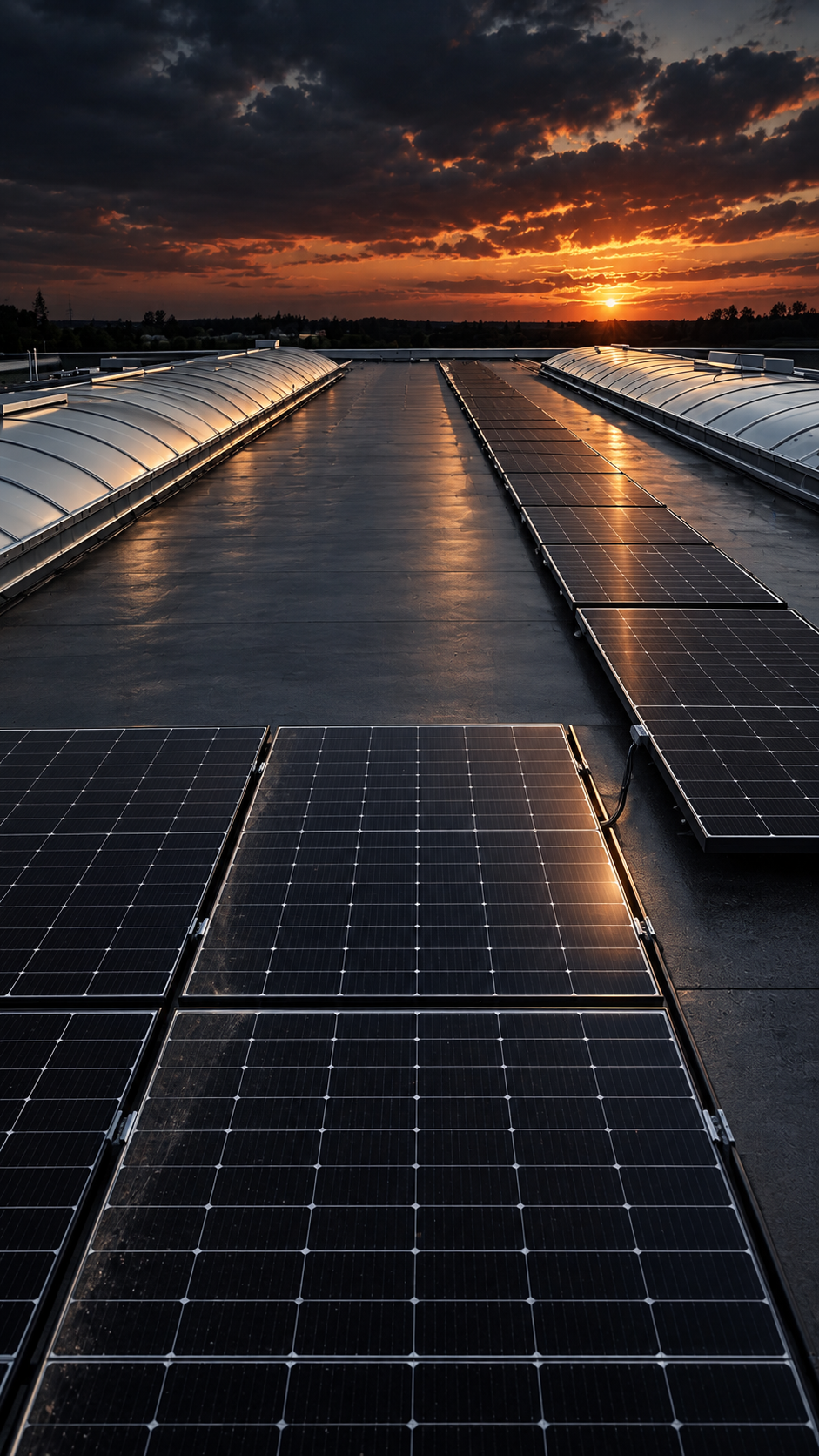 Aufgeständerte Photovoltaikmodule auf einem Gewerbedach – Modulreihen zwischen Lichtbändern für Montage und Demontage