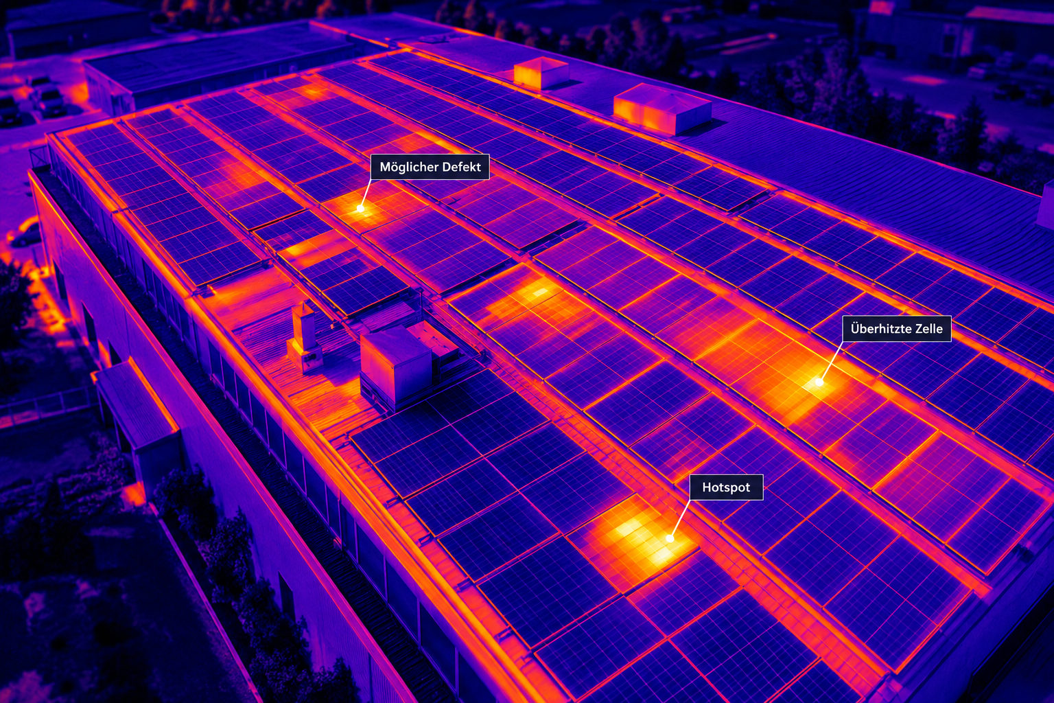 Wärmebildaufnahme einer Photovoltaikanlage auf einem Gewerbedach mit markierten thermischen Auffälligkeiten: Hotspot, überhitzte Zelle und möglicher Defekt
