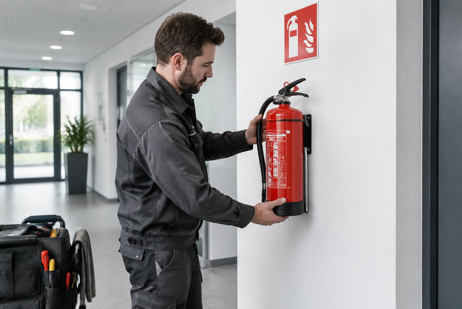 Techniker montiert einen Feuerlöscher unter einem Feuerlöscher-Kennzeichen in einem Gewerbegebäude