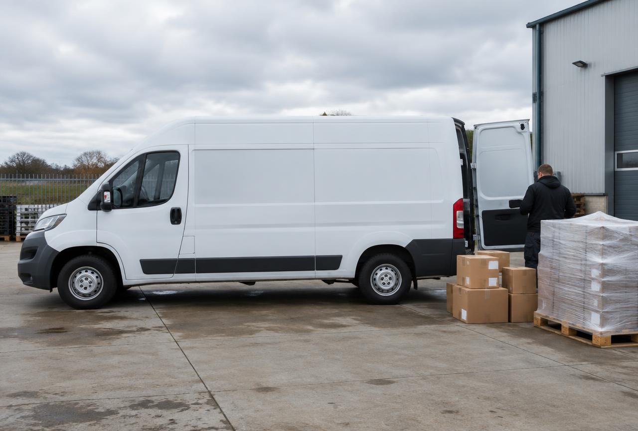 Weißer Transporter ohne Beschriftung bei der Abholung auf einem Betriebshof, verpackte Pakete und eine folierte Palette stehen zur Verladung bereit